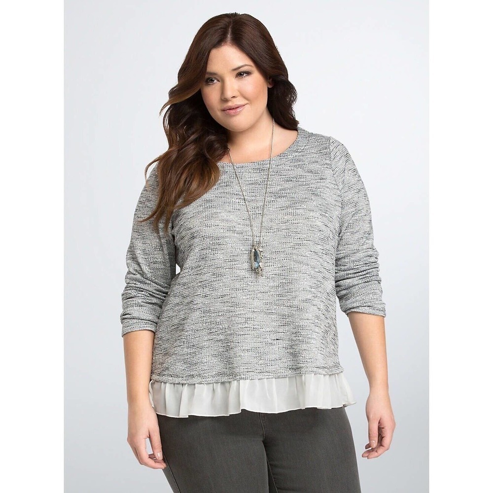 Torrid | Women Size 1 Gray Ruffle Hem Sweater Knit Pullover Long Sleeve Crewneck